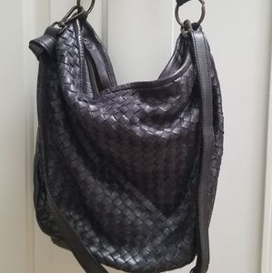 Valentina woven black leather bucket tote purse crossbody bag
